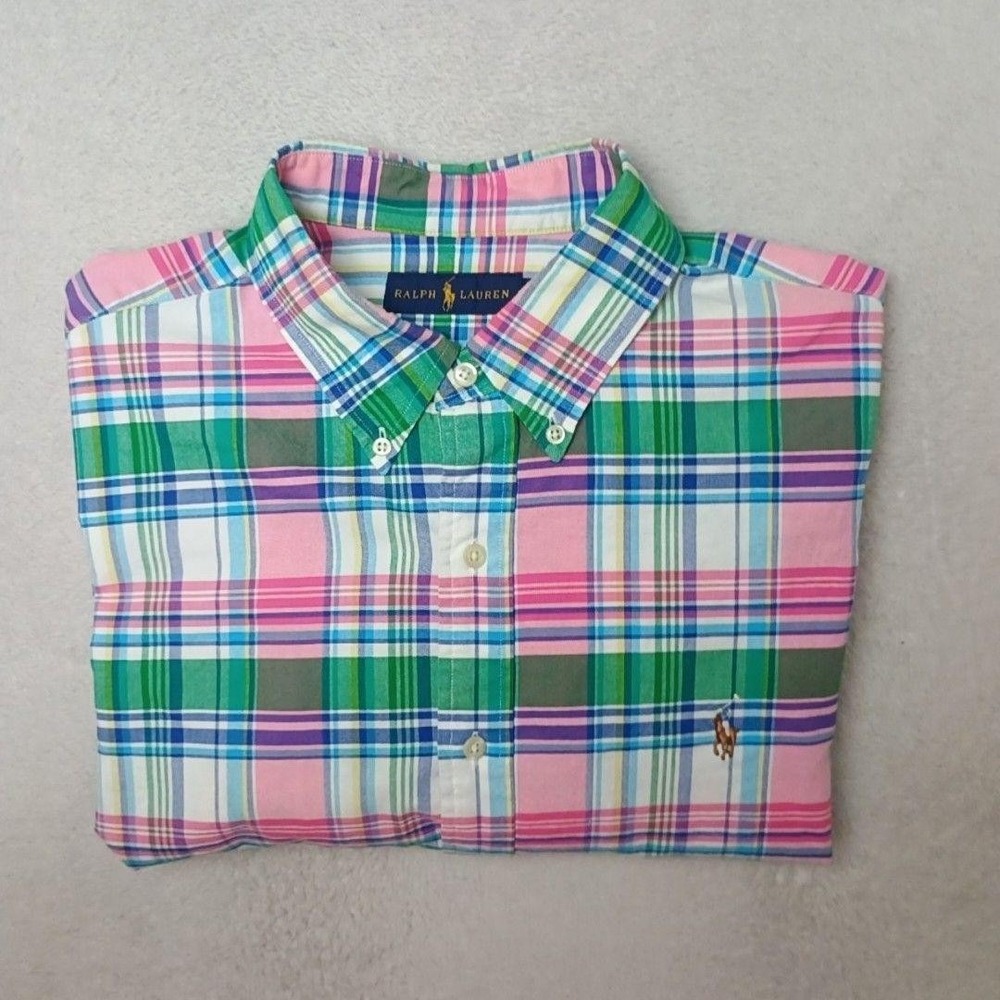 Ralph Lauren Shirt Mens XL Pink Green Plaid Oxford Button-Down OCBD Flesh Pony